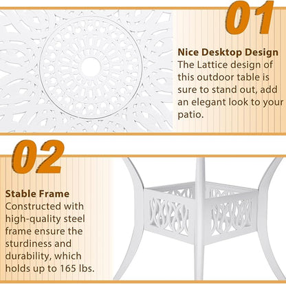 Outdoor Cast Aluminum Patio Table, 35.4” Round Bistro Table with 2” Umbrella Hole for Patio Furniture Garden Deck Backyard, White