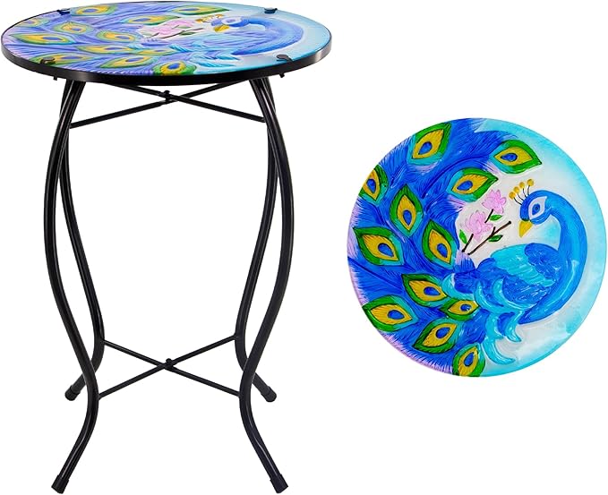 12 Inch Round Peacocks Glass Side Table, Patio Small Table, Outdoor Side Table, Outdoor Bar Table - Photo 1