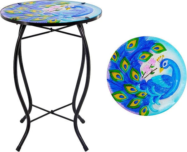 12 Inch Round Peacocks Glass Side Table, Patio Small Table, Outdoor Side Table, Outdoor Bar Table - Photo 1