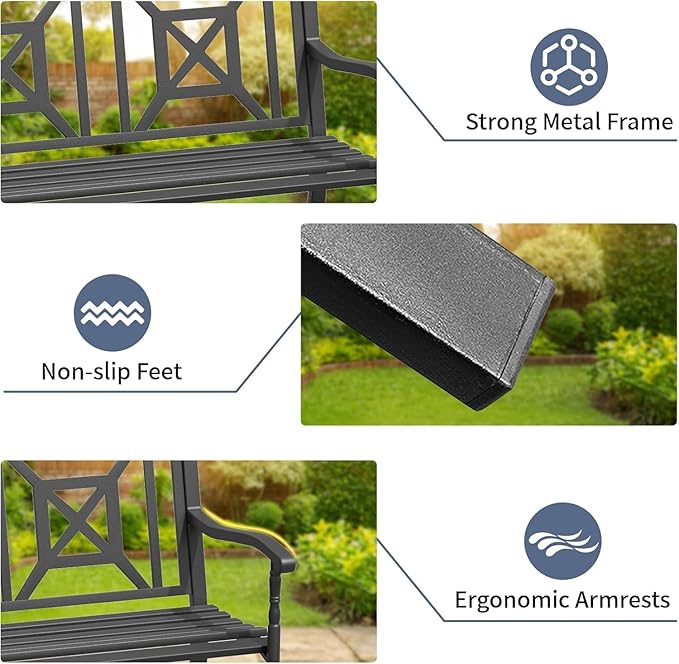 SHGJ&SOFT Garden Bench,Outdoor Bench,Porch Bench,Cast Iron Metal Frame Patio Park Bench,Patio Bench with Backrest and Armrests for Front Porch,Patio,Park,Outdoor Garden,Backyard,Lawn