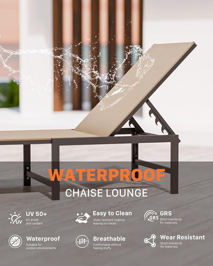 Chaise Lounge Chair Outdoor,Aluminum Patio Lounge Chairs,Lounge Chairs with 5 Adjustable Backrest and Headrest Pillows for Outside Beach,Khaki
