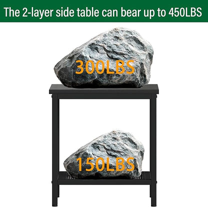 Rectangular Outdoor Side Table with Storage, 2-Tier Patio End Table Weather Resistant, Black Outdoor Accent Table, Small Porch Tables for Pool, Deck, Garden (Black 2PC)