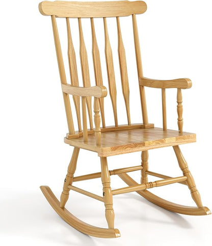 Tangkula Patio Rocking Chair Solid Wood, Outdoor Porch Rocker Chair with Rubber Wood Frame, Indoor Wooden Rocking Chair, Ideal for Garden, Backyard & Balcony (1, Natural)