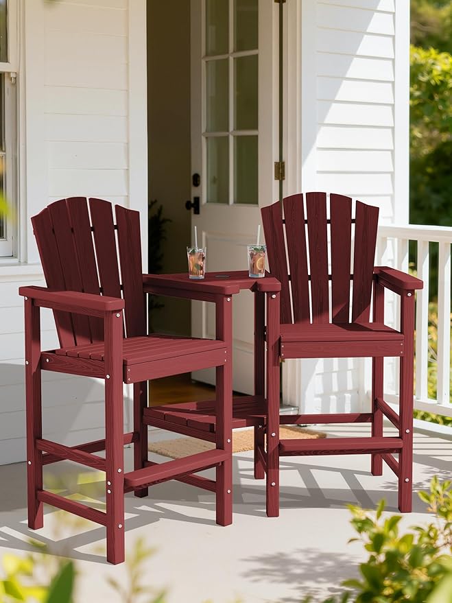 KINGYES Tall Adirondack Chair Set of 4, HDPE Tall Adirondack Barstools with Double Connecting Trays, Embossed Bar Height Adirondack Chair for 2, All Weather Resistant Balcony Adirondack Chairs, Red