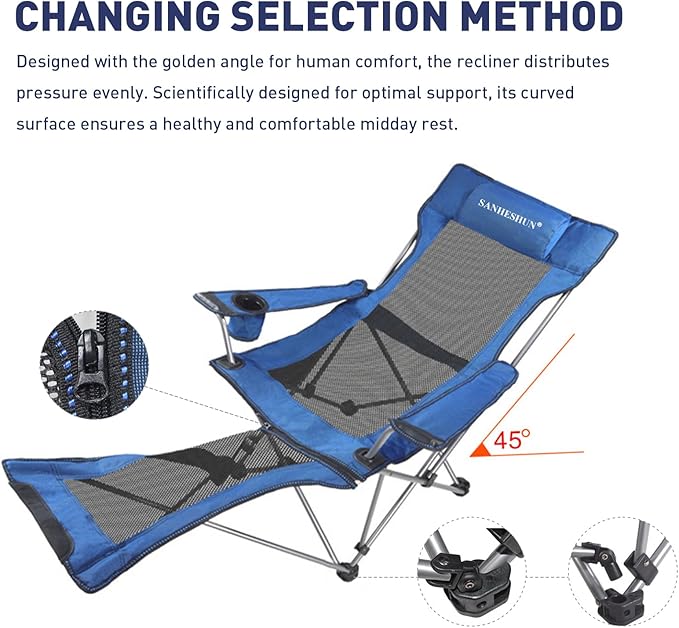 Zero Gravity Chair, Reclining Camping Chair with Padded Pillow, Cup Holder, Storage Pocket & Carry Bag, 4-in-1 Portable Camping Recliner for Outdoor, Beach, Garden, and Backyard - Blue Mesh