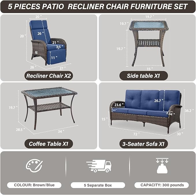 Belord 5 Piece Patio Furniture Set with Recliner Chair - Removable Outdoor Patio Couch Set, Chaise Lounge Chair Outdoor with Adjustable Backrest and Footrest for Casual Gathering Brown