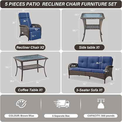 Belord 5 Piece Patio Furniture Set with Recliner Chair - Removable Outdoor Patio Couch Set, Chaise Lounge Chair Outdoor with Adjustable Backrest and Footrest for Casual Gathering Brown