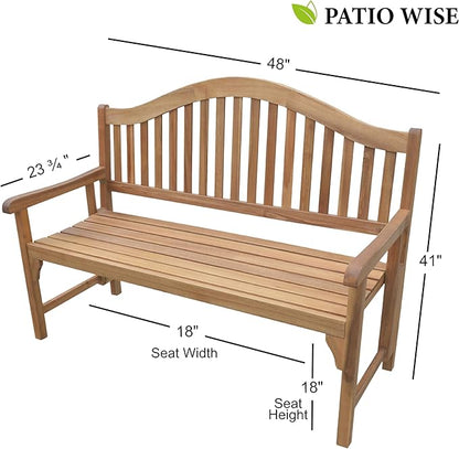Patio Wise Foldable Acacia Wood Garden Bench, 4 Foot Indoor/Outdoor Wooden Porch, Patio, & Park Seating, Curved Backrest and Armrest, 48" Wide x 24-3/4" Deep x 41" High, Teak Color