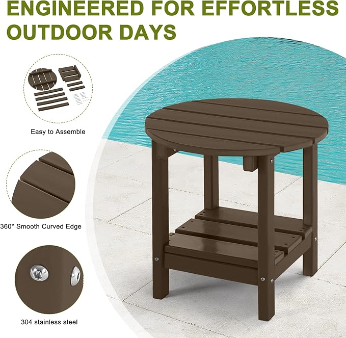 Adirondack Outdoor Side Tables, 2-Tier Round Outdoor Table, Weather Resistant HDPE Patio End Table for Garden, Lawn, Pool, Beach, Porch, Deck, Backyard - Dark Brown