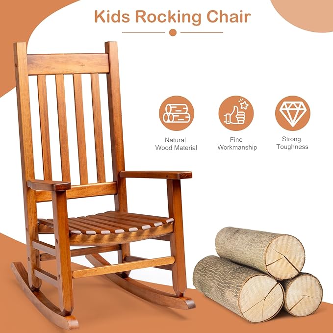 VINGLI Outdoor Child’s Rocking Chair, All Weather Wooden Rocking Chair with High Backrest, Patio Rocker for Garden, Yard, Balcony, Wooden Rocker for 6-10 Years Old, Teak