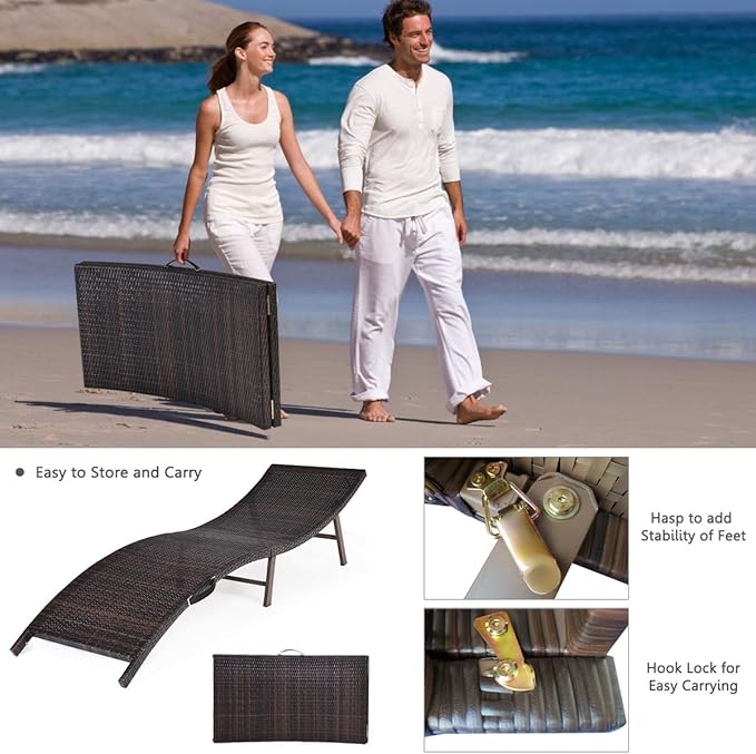 Tangkula 2 Pieces Patio Rattan Chaise Lounge, Outdoor Wicker Lounge Chair, Foldable Chaise Lounge, Suitable for Poolside - Photo 6
