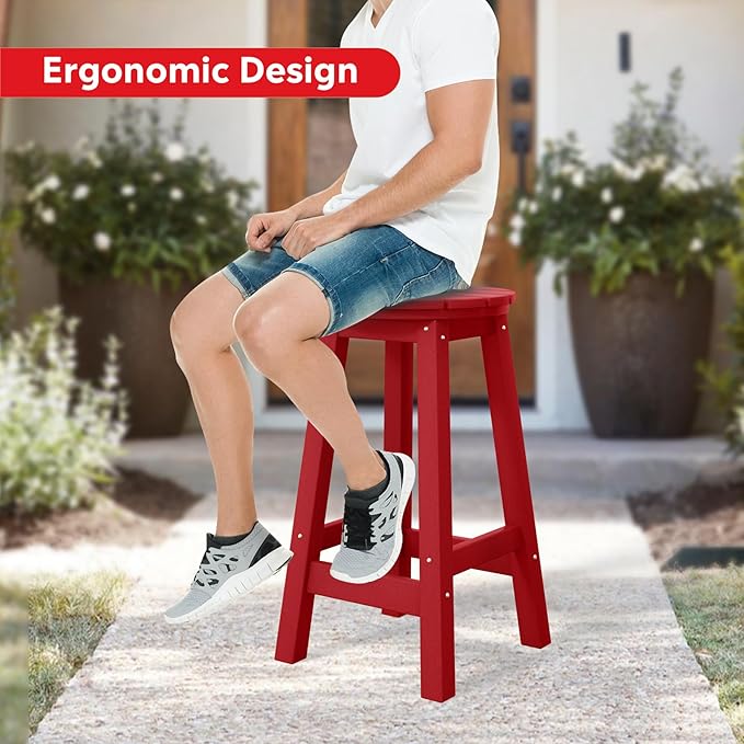 Costaelm 24" Height Outdoor Bar Stools, All-Weather Bar Stools, Adirondack Poly Patio Round Bar Stool for Patio, Deck, Kitchen Counter and Garden, Red