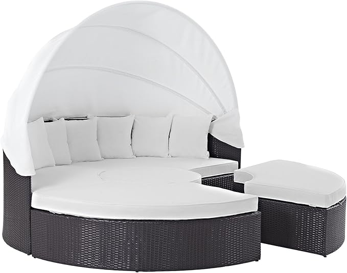 Modway Convene Wicker Rattan Outdoor Patio Retractable Canopy Round Poolside Sectional Sofa Daybed with Cushions in Espresso White