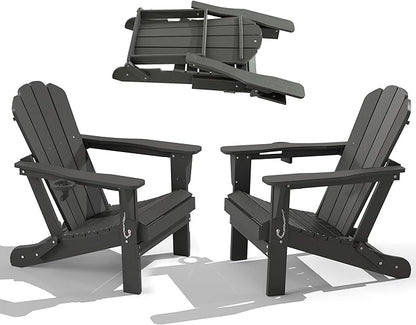 Domi Folding Adirondack Chairs Set of 2, HDPE All-Weather Outdoor Chairs with Cup Holder, Wooden Textured Fire Pit Chairs for Backyard, Patio, Poolside & Deck, Grey