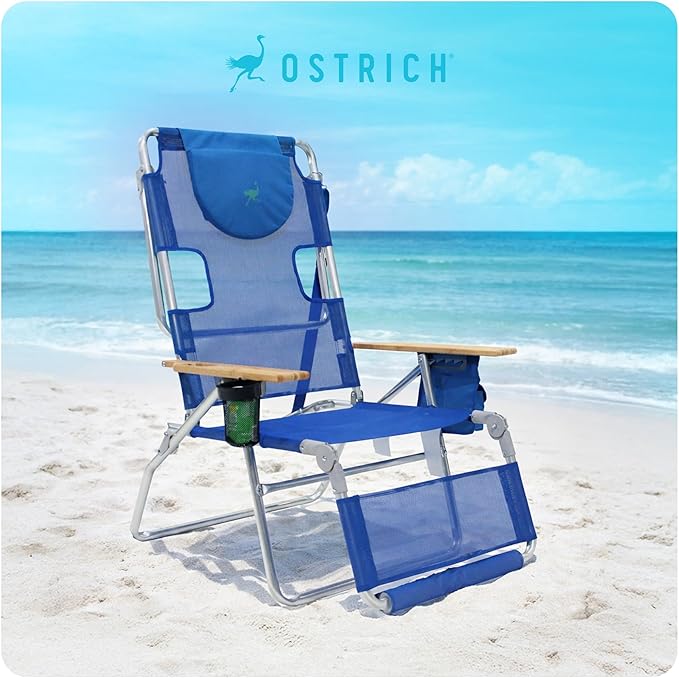Ostrich Altitude 3N1 Lightweight Lawn Beach Reclining Lounge Chair w/Footrest, Outdoor Furniture for Patio, Balcony, Backyard, or Porch, Blue Stripe