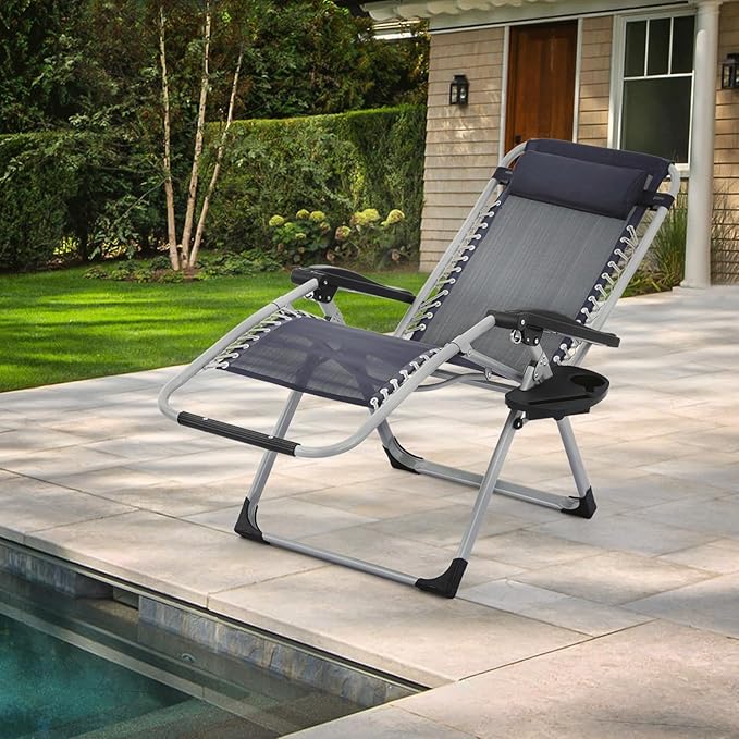 MoNiBloom Stable Folding Chair Outdoor Lounge Chair Beach Pool Lawn Recliner Sunbathing Chair, with Detachable Soft Cushion, Pillow and Side Tray, 330lbs Capacity Blue