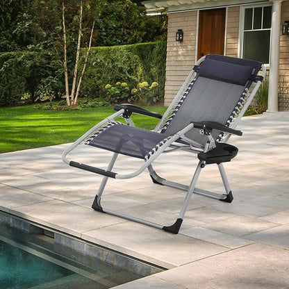 MoNiBloom Stable Folding Chair Outdoor Lounge Chair Beach Pool Lawn Recliner Sunbathing Chair, with Detachable Soft Cushion, Pillow and Side Tray, 330lbs Capacity Blue