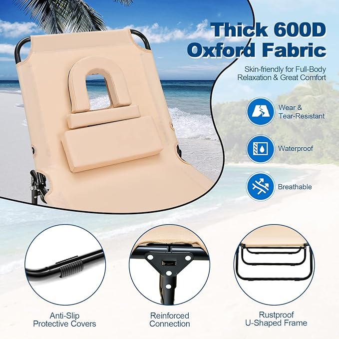 Goplus Tanning Chair, Folding Beach Lounge Chair with Face Hole, Removable Pillow, Carry Strap, Position Adjustable, Sunbathing Chair, Portable Outside Lounge Chair for Patio Pool