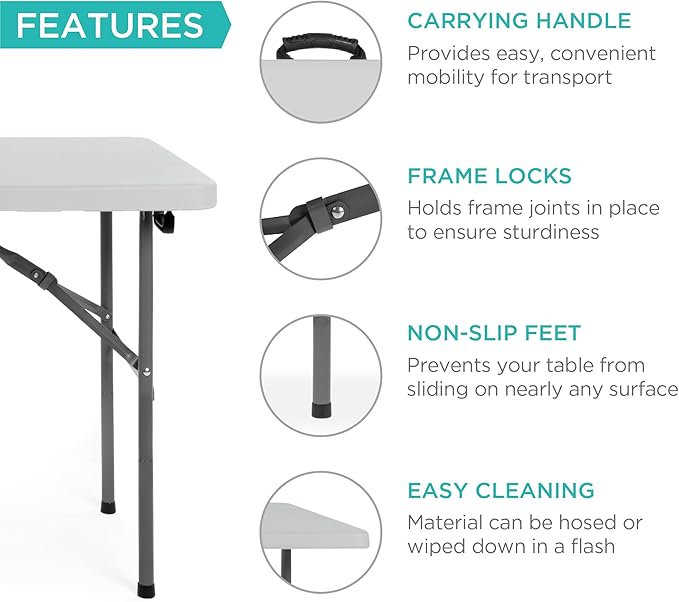 Best Choice Products 4ft Plastic Folding Table, Indoor Outdoor Heavy Duty Portable w/Handle, Lock for Picnic, Party - Photo 5