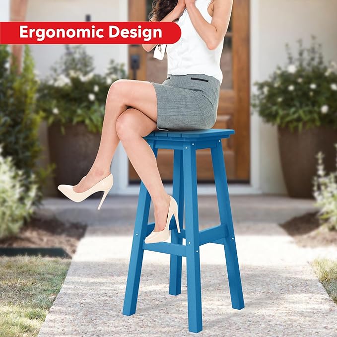 Costaelm 29" Height Outdoor Bar Stools, All-Weather Bar Stools, Adirondack Poly Patio Square Bar Stool for Patio, Deck, Kitchen Counter and Garden, Pacific Blue