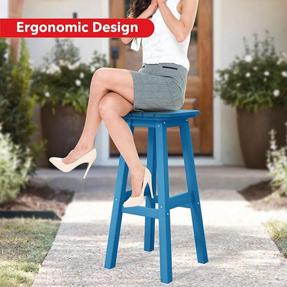 Costaelm 29" Height Outdoor Bar Stools, All-Weather Bar Stools, Adirondack Poly Patio Square Bar Stool for Patio, Deck, Kitchen Counter and Garden, Pacific Blue