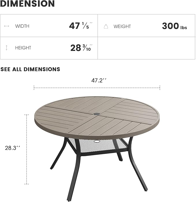 Patio Dining Table for 4-6, Round Metal Outdoor Table with Storage Shelf, 1.57" Umbrella Hole, 47" Outdoor Quartered Tabletop Dining Table for Backyard, Porch, Lawn, Grey