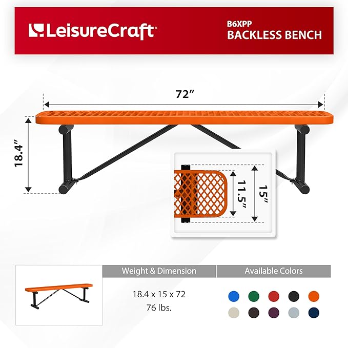 Leisure Craft Metal Outdoor Bench - 6 Foot Heavy Duty Backless Bench Seating for Garden, Porch, Picnic, Park, Expanded Metal, Thermoplastic Coating, Commercial Grade Furniture Made in USA - Orange