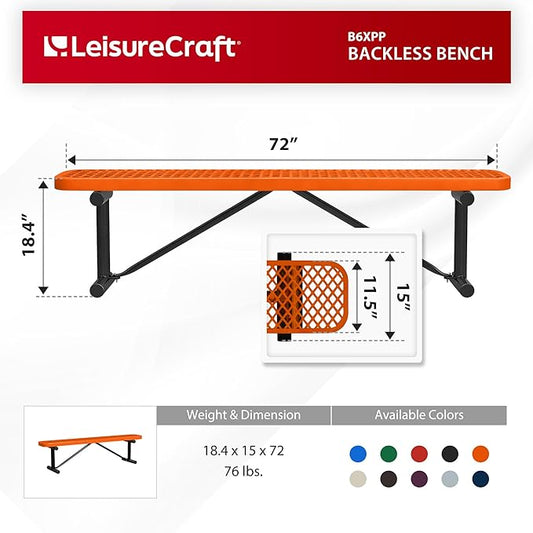 Leisure Craft Metal Outdoor Bench - 6 Foot Heavy Duty Backless Bench Seating for Garden, Porch, Picnic, Park, Expanded Metal, Thermoplastic Coating, Commercial Grade Furniture Made in USA - Orange