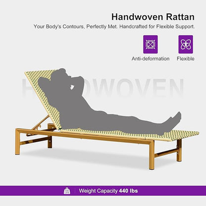 PURPLE LEAF Patio Chaise Lounge French Outdoor Lounger 1 Piece Wood-Grain Finish Aluminum Wicker Lounge Chair with Adjustable Backrest for Pool Garden Beach and Backyard Beige and Green