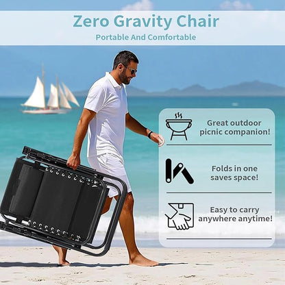 Zero Gravity Chair Set of 2, Folding Reclining Zero Gravity Recliner Lounge Chair 330lbs with Pillow and Cup Holder Trays, Steel Mesh Outdoor recliners for Patio Poolside Backyard Beach (Black)