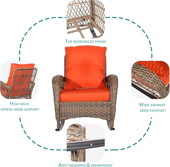 MEETWARM 3 Pieces Outdoor Wicker Rocking Chair Set, Rattan Patio Rocker Chairs Set with Cushions and Glass-Top Coffee Table, Conversation Bistro Set for Porch & Backyard - Orange