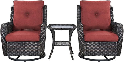 Rilyson Patio Chairs Rocking Swivel Chiar - 3 Piece Outdoor Wicker Patio Bistro Set Rattan Rocker Glider Chairs with High Back and Deep Seating for Outside Porch Deck Garden(Brown/Red)