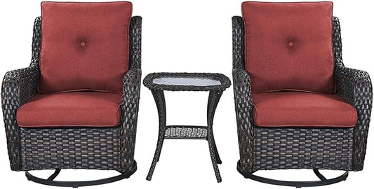 Rilyson Patio Chairs Rocking Swivel Chiar - 3 Piece Outdoor Wicker Patio Bistro Set Rattan Rocker Glider Chairs with High Back and Deep Seating for Outside Porch Deck Garden(Brown/Red)