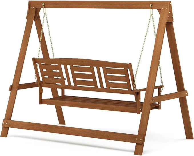 Furinno Tioman Hardwood Patio / Garden / Outdoor Large Porch Swing, 3 Seater with Hanging Frame, Natural - Photo 4