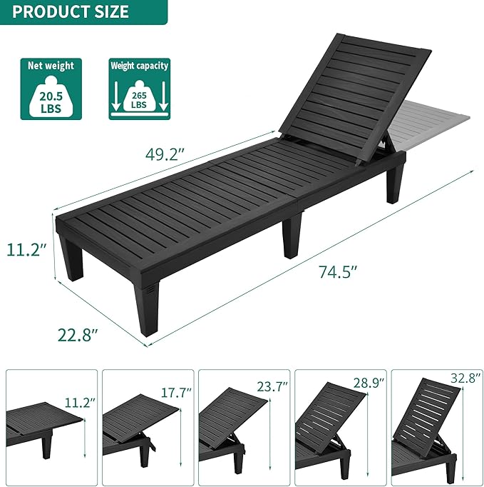 YITAHOME Patio Chaise Lounge Set of 4, Adjustable Outdoor Chaise Lounge with 265lbs Weight Capacity for Backyard, Poolside, Lawn, Waterproof & Easy Assembly (Black)