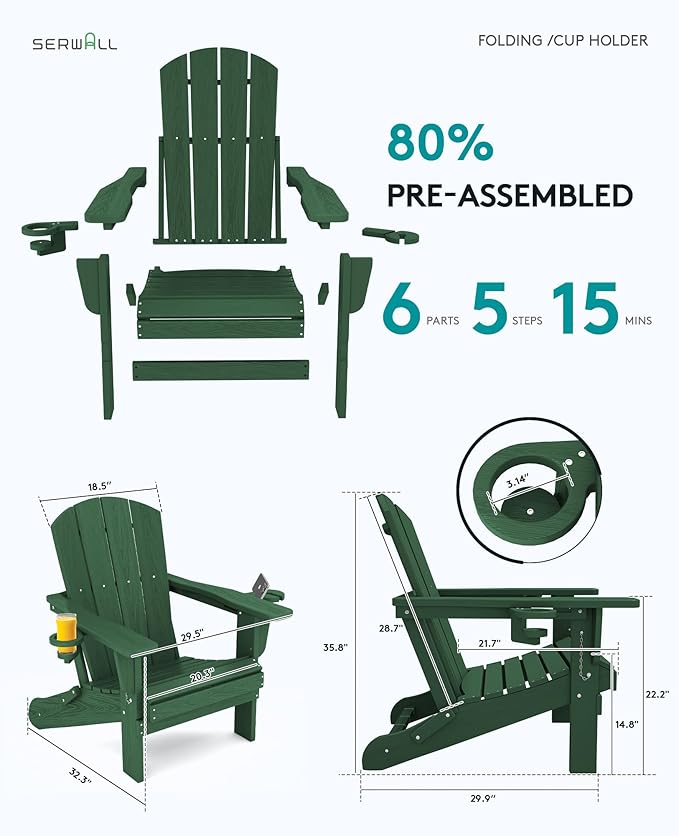 SERWALL Adirondack Chair with Cup Holders - Composite Adirondack Chairs Set of 8 HDPE Outdoor Chairs All Weather Use - Photo 4