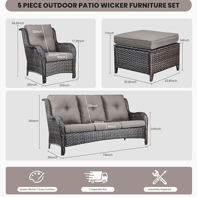 Belord Outdoor Wicker Furniture 5 Pieces Patio Furniture Sofa Set Patio Wicker Chairs with Ottomans Conversation Set - Photo 2