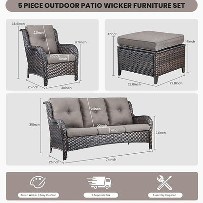 Belord Outdoor Wicker Furniture 5 Pieces Patio Furniture Sofa Set Patio Wicker Chairs with Ottomans Conversation Set for Porch Garden Deck Balcony Poolside