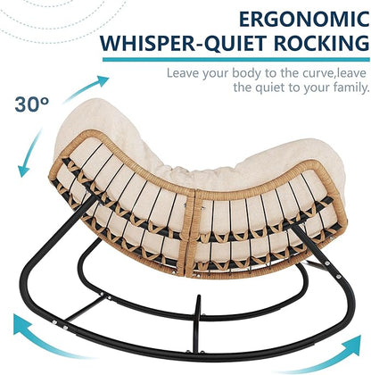 Outdoor Rocking Chair, Oversized Papasan Chair, Indoor Comfy Lounge Rocker with Cushion for Patio, Living Room, Porch, Balcony-Cream
