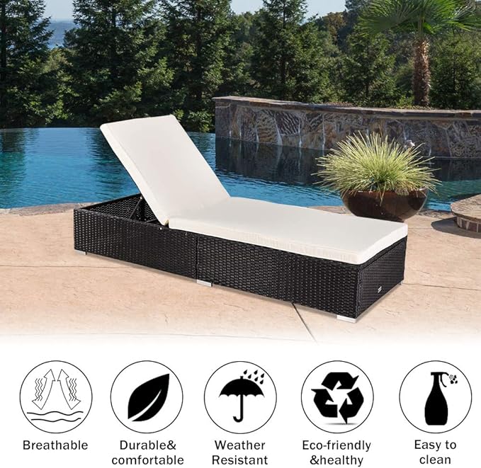 VINGLI Adjustable Wicker Patio Chaise Lounge Outdoor, Rattan Outdoor Lounge Chair, All Weather Patio Chaise Lounge with Adjustable Backrest and Soft Cushions Wicker Daybed (Black)