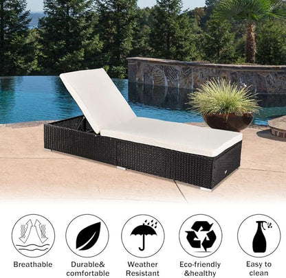 VINGLI Adjustable Wicker Patio Chaise Lounge Outdoor, Rattan Outdoor Lounge Chair, All Weather Patio Chaise Lounge with Adjustable Backrest and Soft Cushions Wicker Daybed (Black)