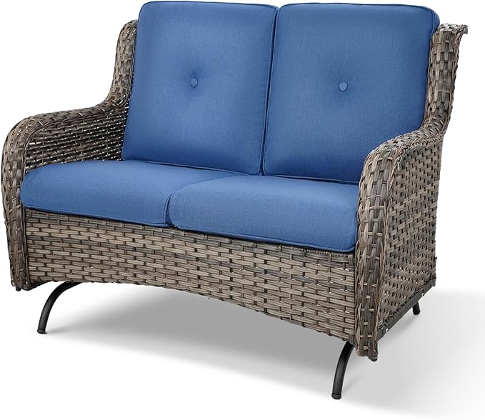 Patio Loveseat Wicker Loveseat Rattan Glider Sofa with Curved Armrest Thicking Back & Seat Cushions for Garden Balcony Backyard Grey Wicker|Blue Cushions (A) Patio Loveseat Glider