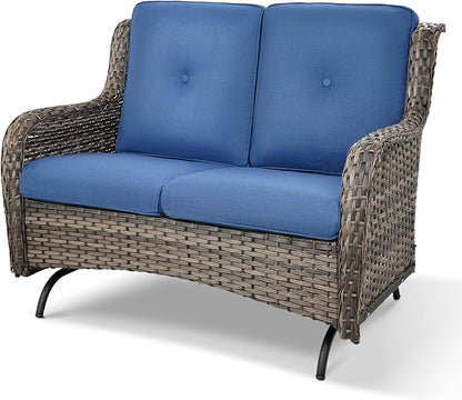 Patio Loveseat Wicker Loveseat Rattan Glider Sofa with Curved Armrest Thicking Back & Seat Cushions for Garden Balcony Backyard Grey Wicker|Blue Cushions (A) Patio Loveseat Glider