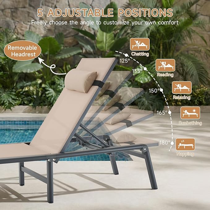 ONBRILL 2 PCS Chaise Lounge Chair Outdoor, Foldable & Assembly Free Outdoor Lounge Chair with 5 Position Adjustable Backrest, Aluminum Pool Lounge Chairs for Outside Poolside Patio Beach Lawn, Khaki