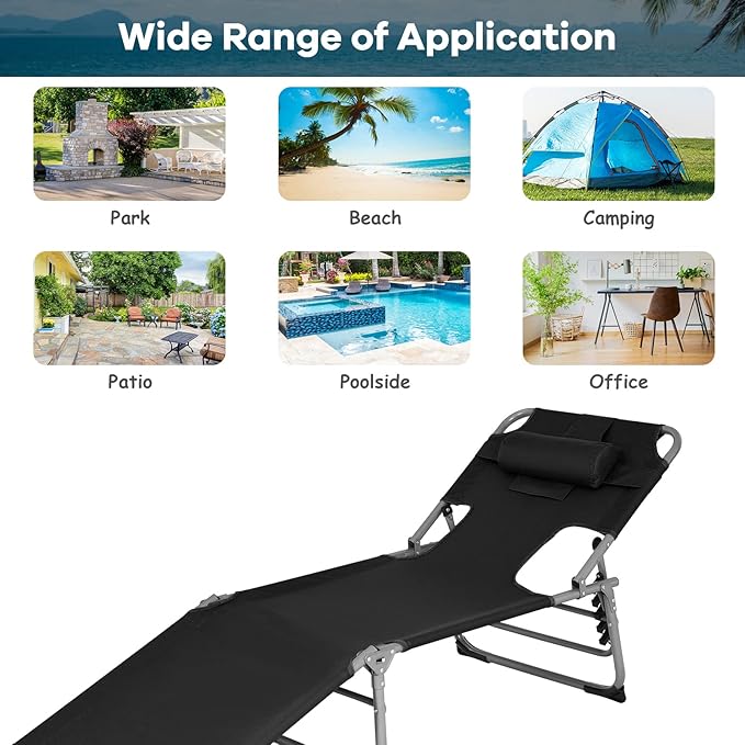 Tangkula Tanning Chair with Face Hole, Patio Folding Adjustable Reclining Beach Sunbathing Lounge Chair with Side Pocket - Photo 7