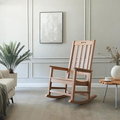 Psilvam Oversized Outdoor Rocking Chair, with 21" Wide Seat and 32" Tall Backrest, Pre-Assembled with Most Components for Effortless Installation (Teak Color)