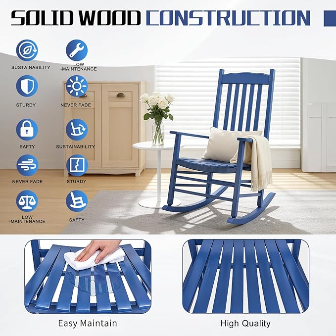 Outvita Outdoor Rocking Chair, Solid Wood High Back Rocker, All Weather Lounge Chair for Porch Patio Fire Pit Garden Backyard Deck Indoor, Wave Shape, Blue