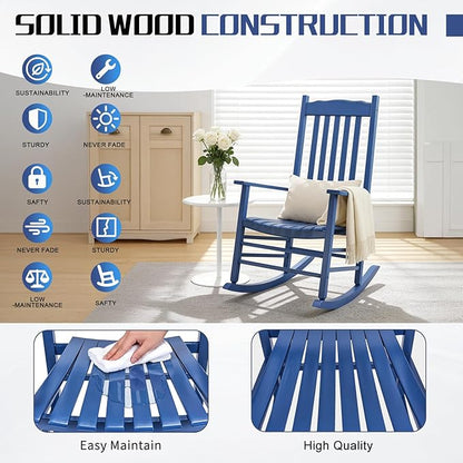 Outvita Outdoor Rocking Chair, Solid Wood High Back Rocker, All Weather Lounge Chair for Porch Patio Fire Pit Garden Backyard Deck Indoor, Wave Shape, Blue