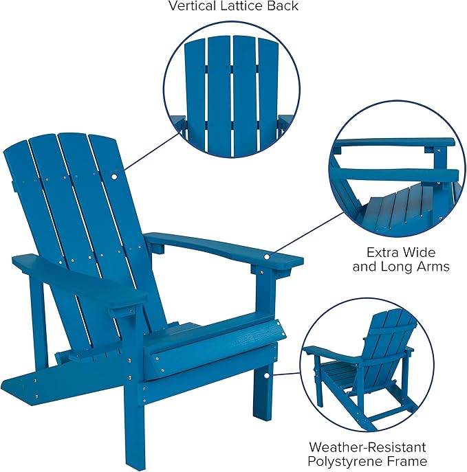 Pemberly Row Farmhouse Adirondack Chair, Faux Wood, Blue Finish, Weather-Resistant Polystyrene Frame, Vertical Lattice Back, Extra Wide Arms, Outdoor Lounger for Patio, Backyard, or Beach