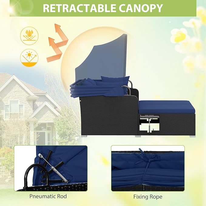 ORALNER Outdoor Daybed, 2-Person Wicker Patio Sofa with Retractable Canopy, Cushions & Pillows, 2 Side Trays - Photo 3